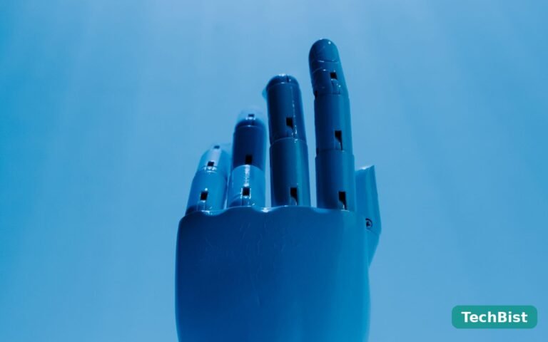A robotic hand reaching out against a blue sky, representing an AI agent at work