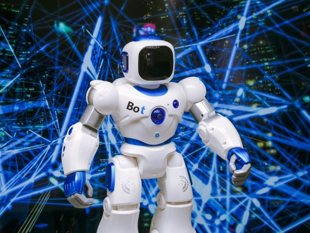 A humanoid robot with glowing blue accents in a digital network setting